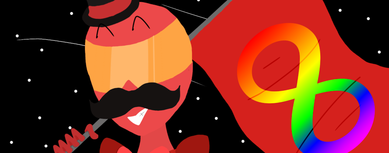 Red, the site's mascot, holding a custom designed autism flag, standing in front of a space background