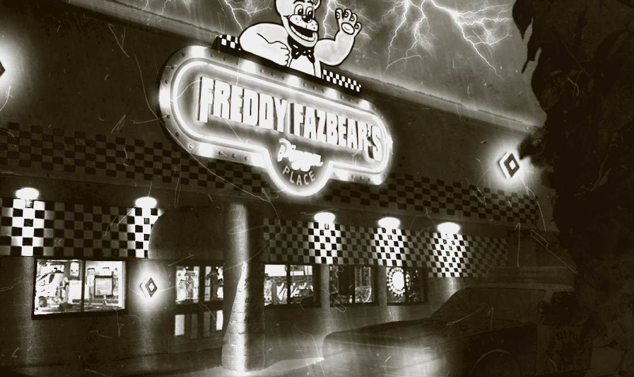 Freddy Fazbear's Pizza collage (black and white)